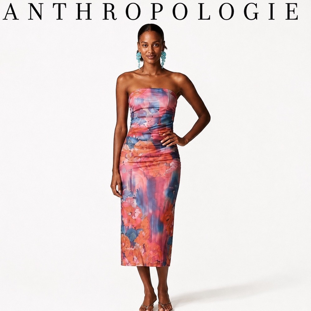 Anthropologie Strapless Floral Mesh Midi Dress Bodycon Pink Blue Print Small